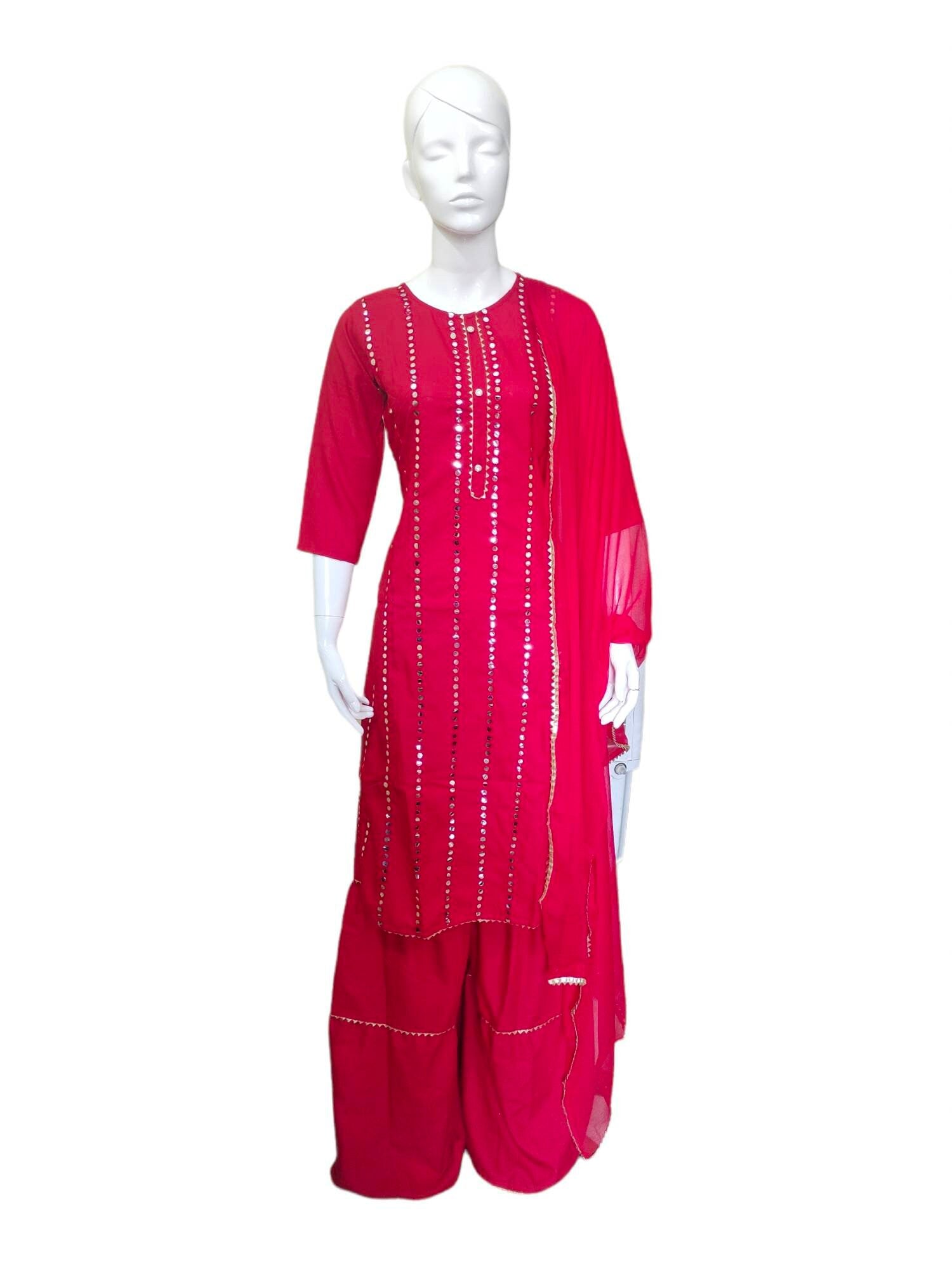 Red Cotton Rayon Mirror work Salwar Kameez Sharara Suit lace work Chiffon Dupatta Bollywood Festival Durga Puja Ethnic Pakistani  Bohemian