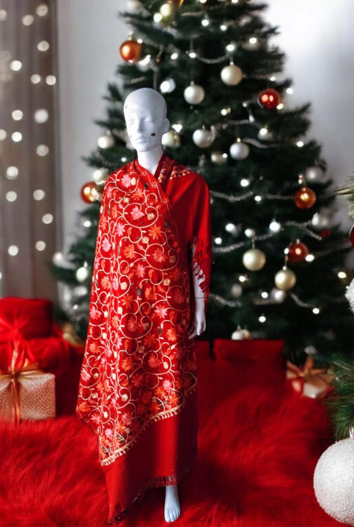 Red Embroidered Floral Design Cashmere Shawl/Scarf Luxurious Hand woven Soft Touch Lightweight Travel Blanket Vintage Winter Outfit