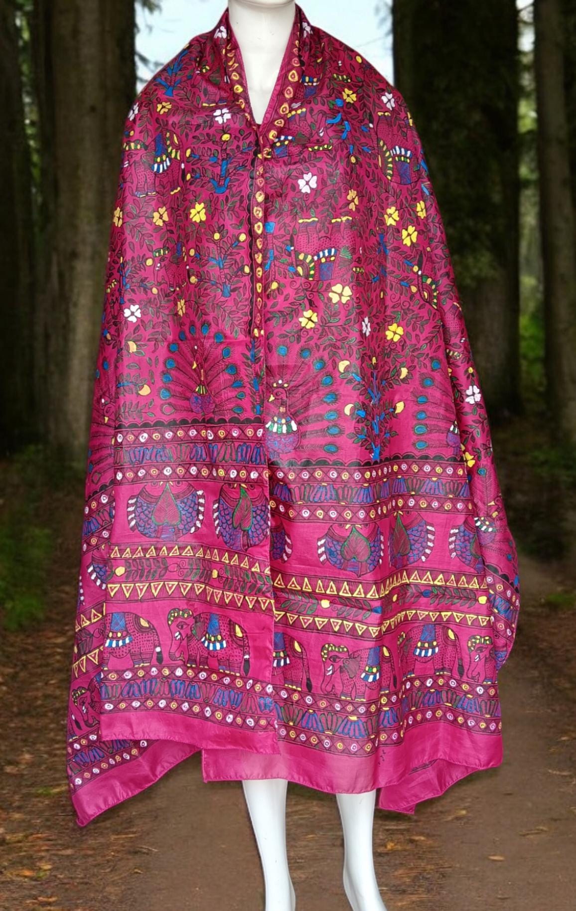 Dark Pink/Magenta Silk Hand-painted Madhubani Art Dupatta Featuring Peacock Elephant Fishes With Nature Forest Floral Designs Gift for her