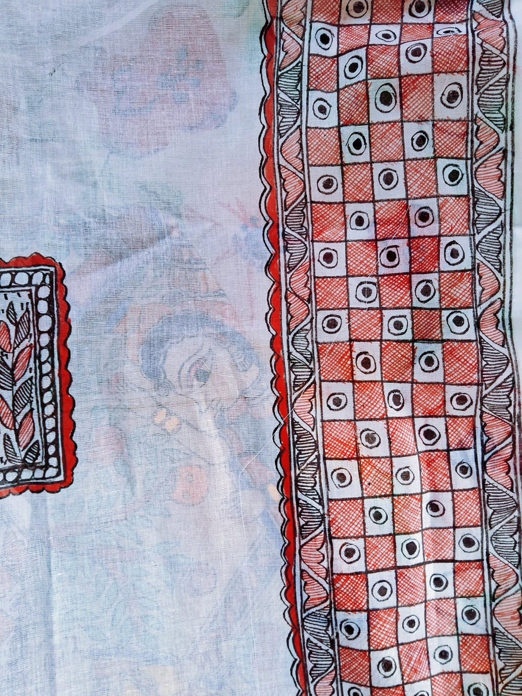 Cotton Hand-painted White Women's Dupatta Madhubani Mithala Painted Featuring Shankh Design Black Red Bordered Geometric Applique Desi India