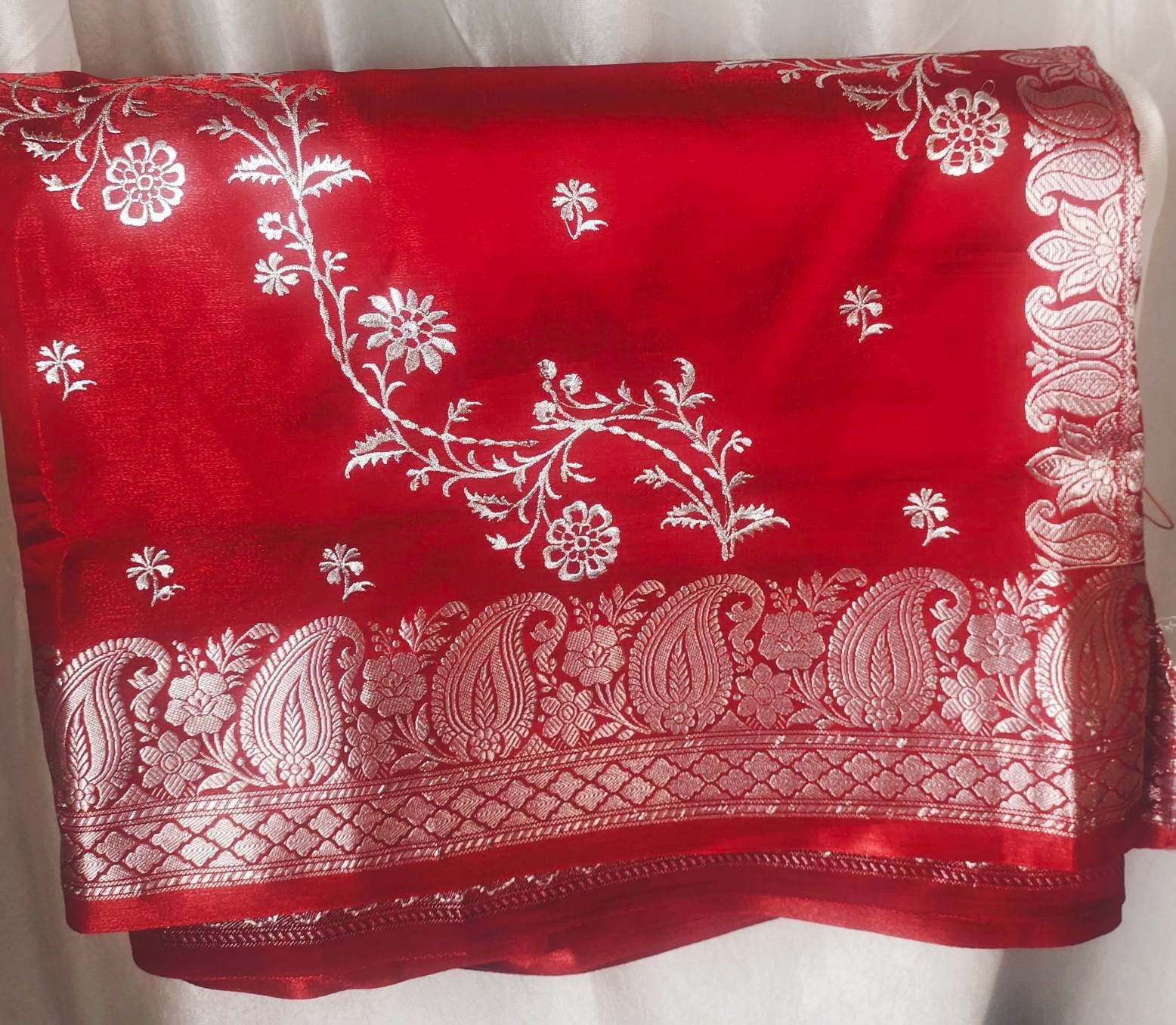 Red Satin Silk Saree Embroidered Border With Unstitched ( customised ) blouse Thread work Banarsi Saree Gift For Her Perfect For Wedding