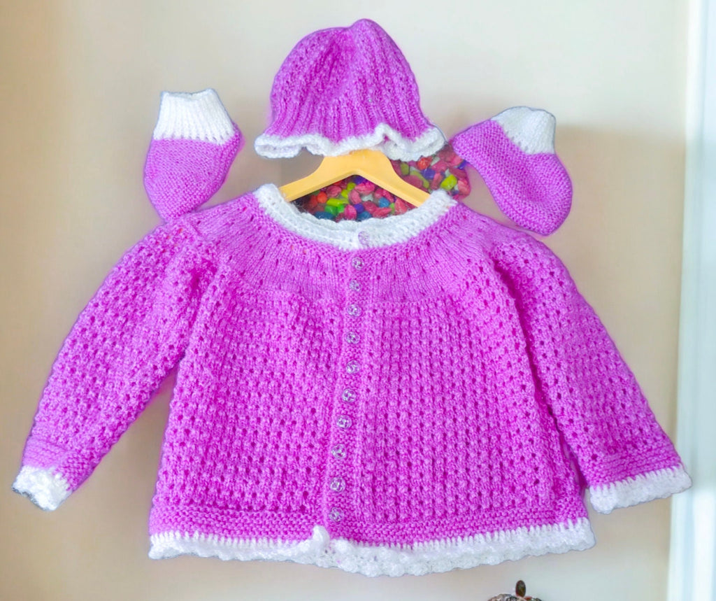Baby Girls and Baby Boys Lavender White Casual Handmade Woollen Buttoned Sweter, Cap/Beanies And Shoes Winter Outfit Comfortable Sweater