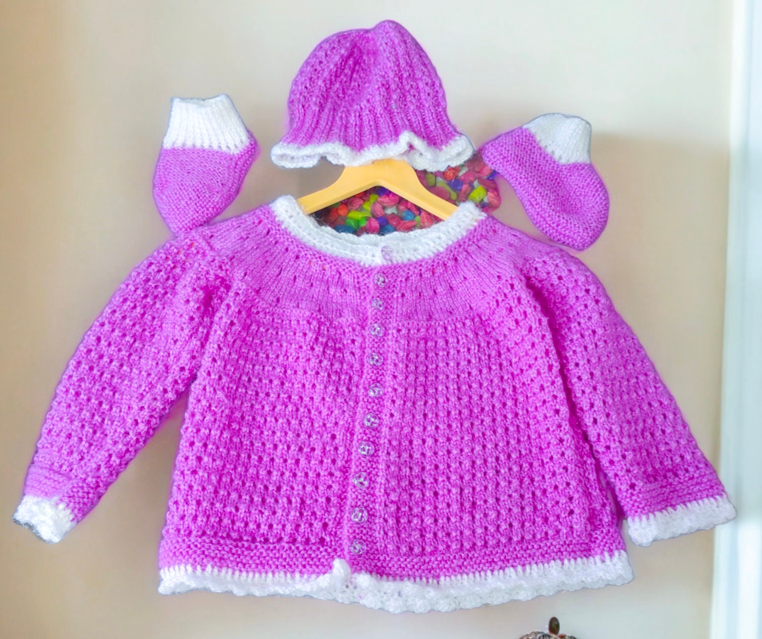 Baby Girls and Baby Boys Lavender White Casual Handmade Woollen Buttoned Sweter, Cap/Beanies And Shoes Winter Outfit Comfortable Sweater