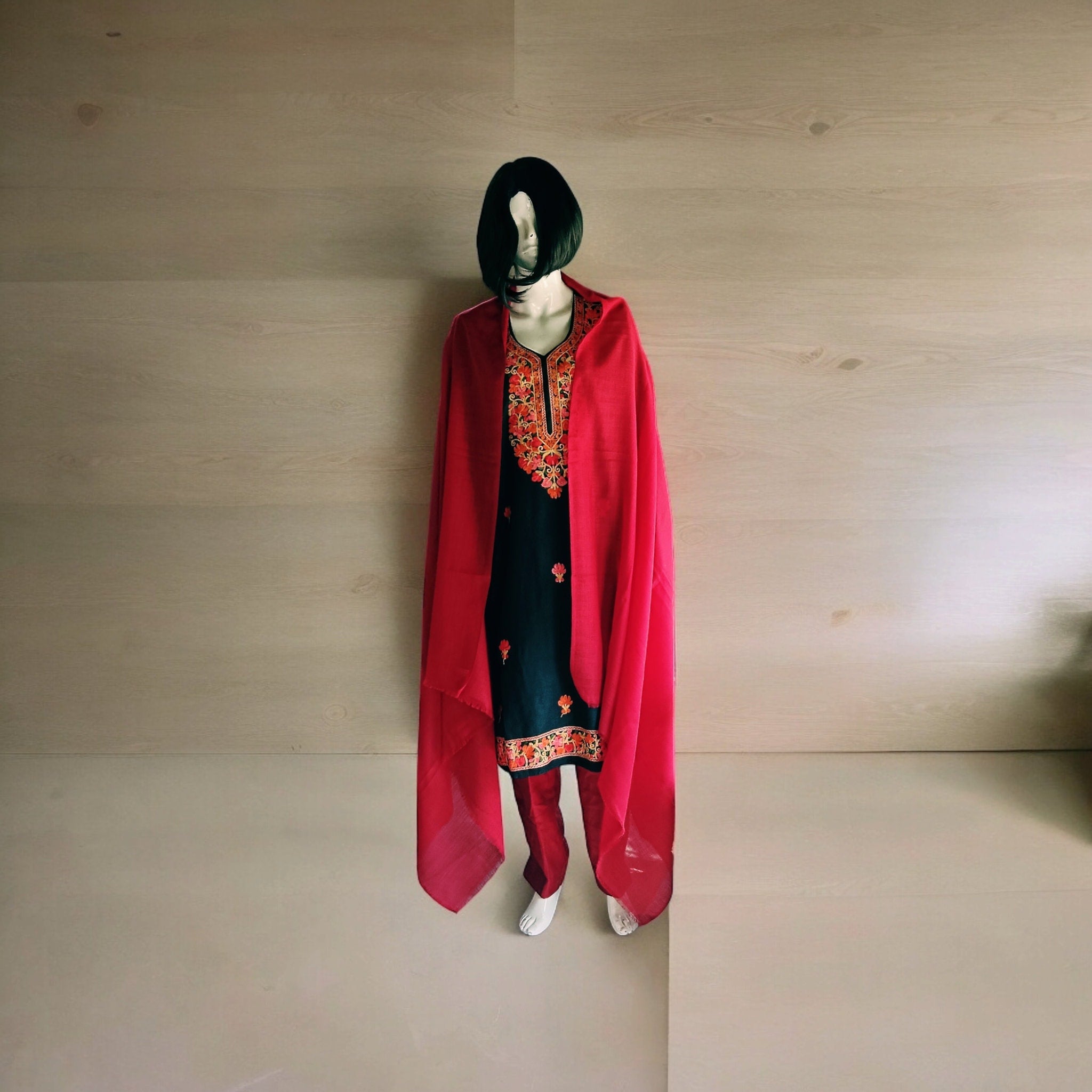 Pack of 3 Red Black Pure Pashmina Suit Shawl Pant Embroidered Kashmiri Free Size Woollen Outfit Stiched Suit Women Outfit Lightweight Shawl