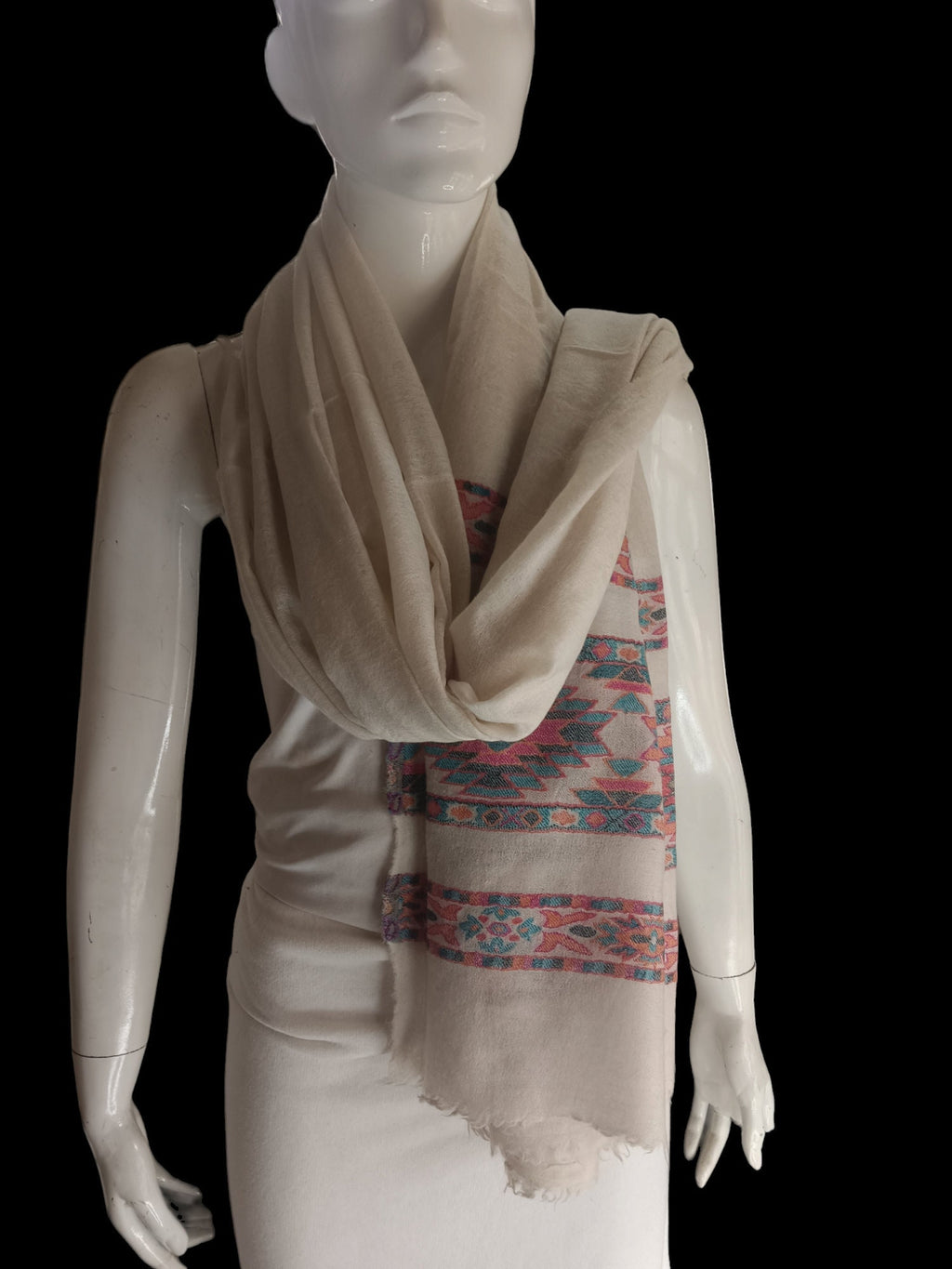 Beige White Embroidered 100% Cashmere Pashmina Shawl/Scarf Luxurious Hand woven Lightweight Soft Touch Shawl Scarf Vintage travel Blanket