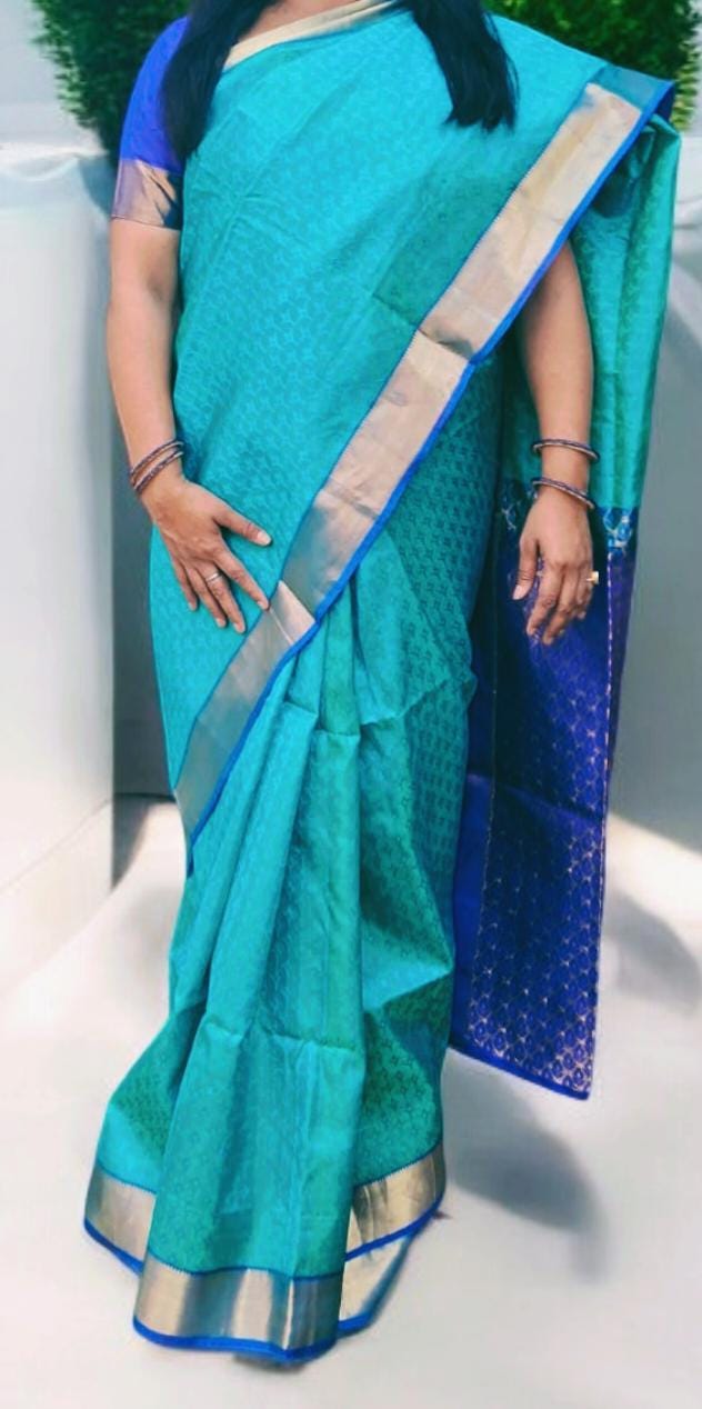 100% Pure Silk Blue Green Banarasi Saree Golden Brocade Pattern With Unstitched Blue Pure Silk Blouse Bollywood Saree Wedding Saree Pujawear