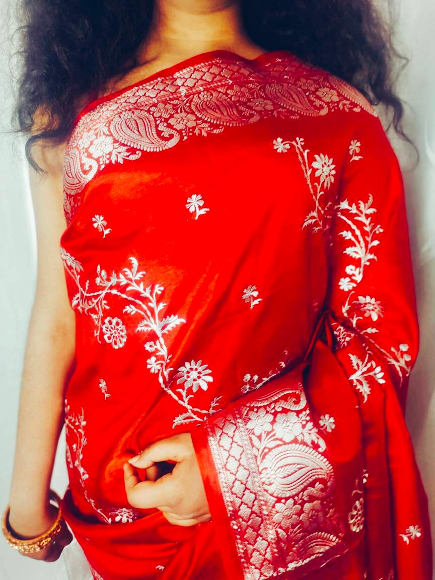 Red Satin Silk Saree Embroidered Border With Unstitched ( customised ) blouse Thread work Banarsi Saree Gift For Her Perfect For Wedding