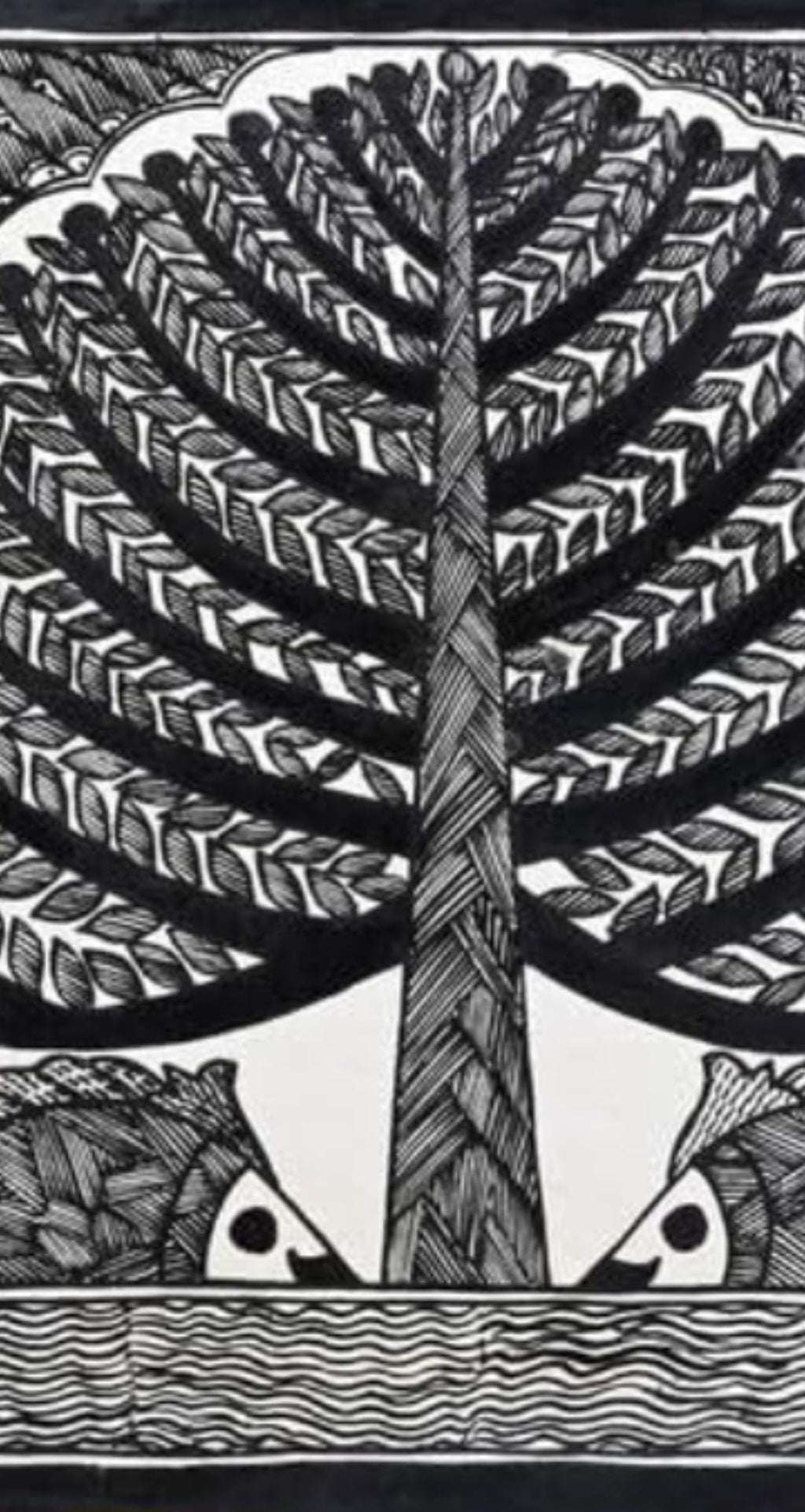 Mithila Madhubani Handpainted Black And White Wall Painting Wall Decor Featuring Nature Design Beige Brown Wooden Frame Canvas Paintaing