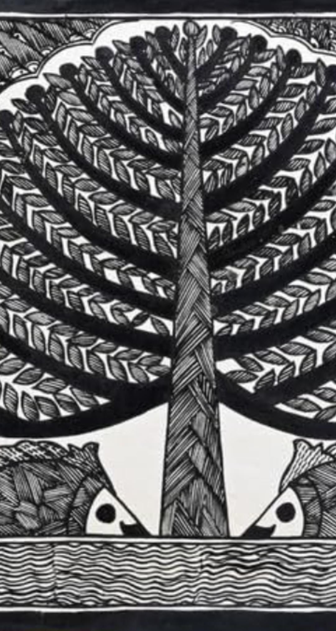 Mithila Madhubani Handpainted Black And White Wall Painting Wall Decor Featuring Nature Design Beige Brown Wooden Frame Canvas Paintaing