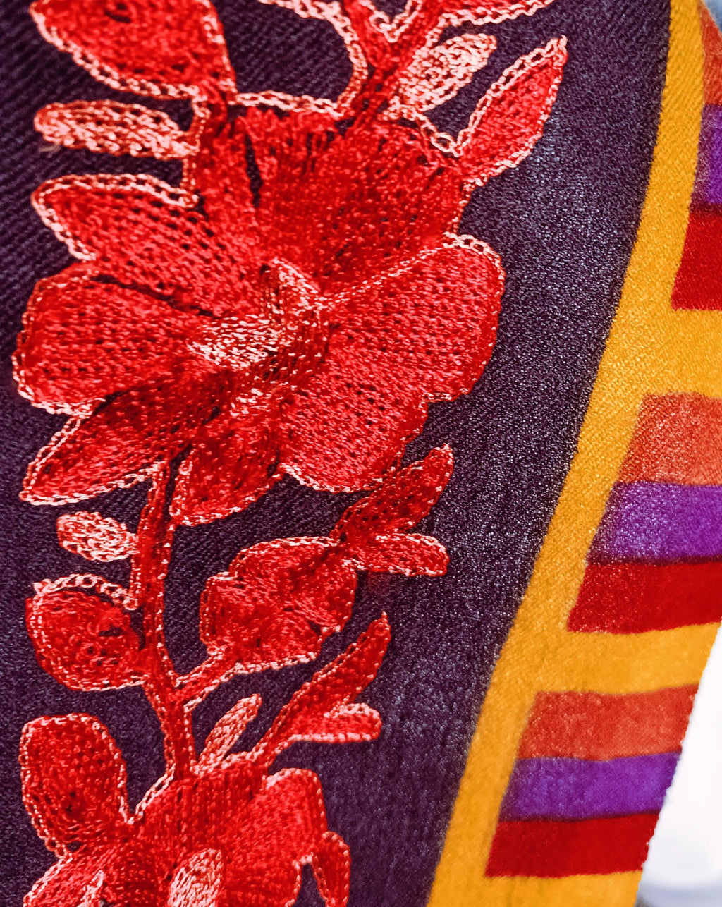 100% Pure Cashmere Pure Pashmina Heavily Embroidered Using Silk Thread Work Hand Woven Hand Work Tie Dye Pattern Black Shawl Red Shawl