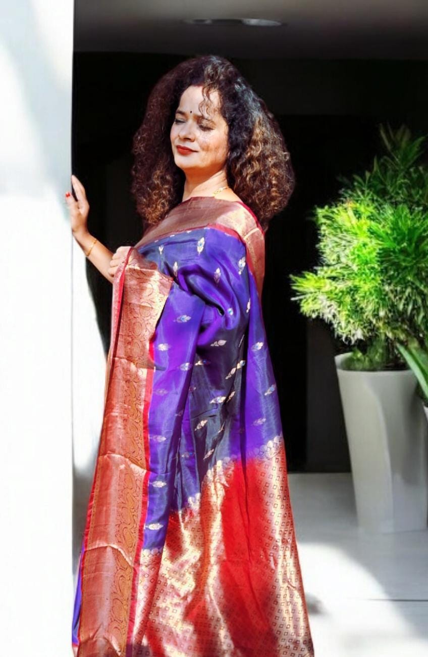 100% Pure Kanjeevaram Purple/Violet Blue Silk Saree With Stitched Readymade Blouse South Indian Saree Wedding Saree Gift for her Kanjeevaram