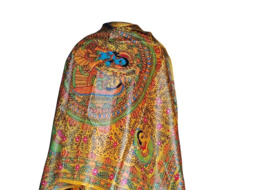 Yellow 100% Silk Hand-painted Madhubani Art Dupatta Featuring Radha Krishna Ras With Animal Cow Nature Forest Floral Designs Gift for her