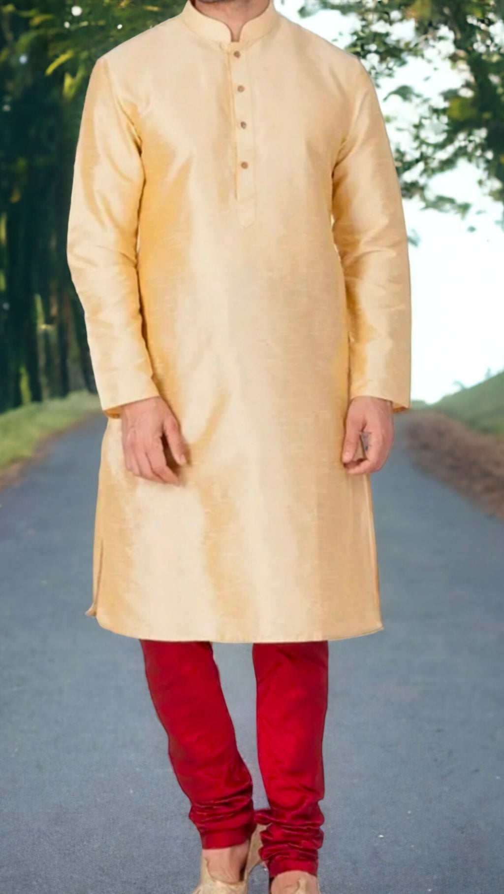Beige Red Pure Silk Kurta Pajama Set For Men Bollywood Inspired Outfit Traditional Dress Puja Wear Wedding Wear Ethnic Wear Party Wear