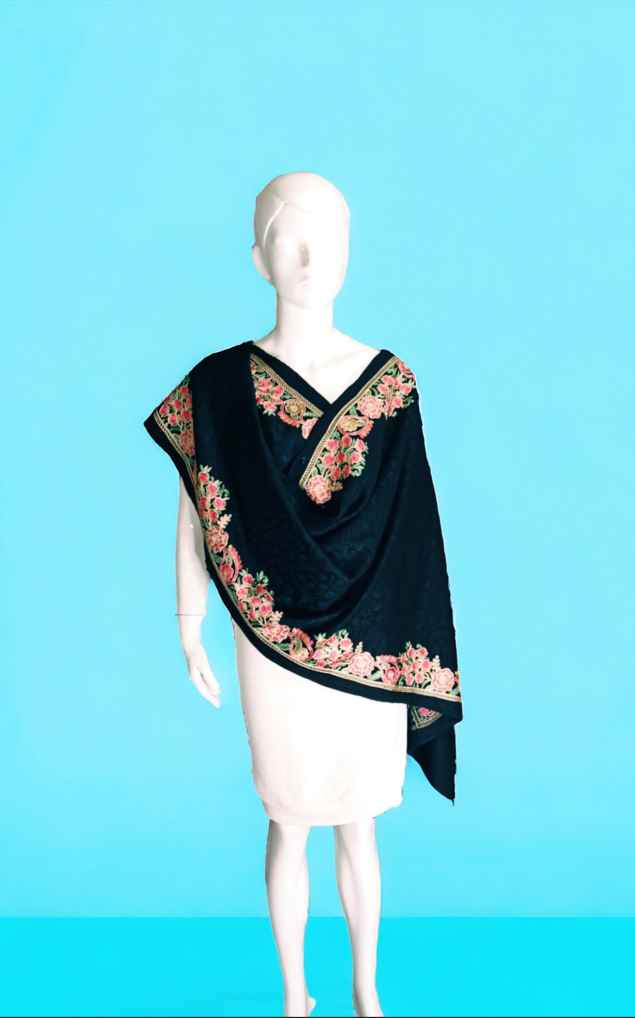 Black Floral Embroidered Kashmiri Shawl Scarf Vintage Neck Warmer Shoulder Warmer kashmiri Stole Bohemian Cottagecore Winter Outfit