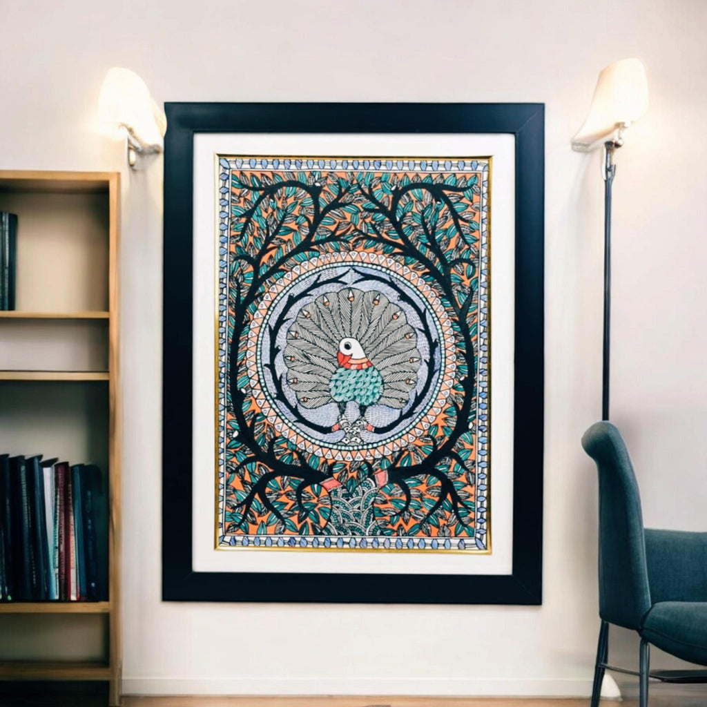 Mithila Madhubani Handpainted Wall Painting Wall Decor Featuring Peacock Floral Design With Black Wooden Frame Canvas Paintaing Rare To Find