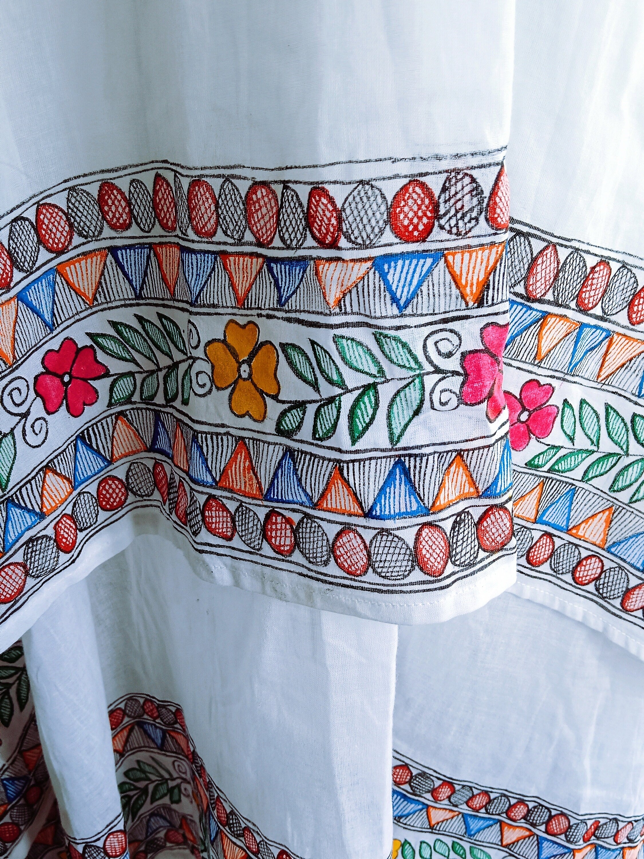 Mulmul Cotton White Madhubani Hand Painted Women Kurta/Dress Floral Pattern Indian Wear Ethnic Wear Easy to Wear Soft Fabric Colourful