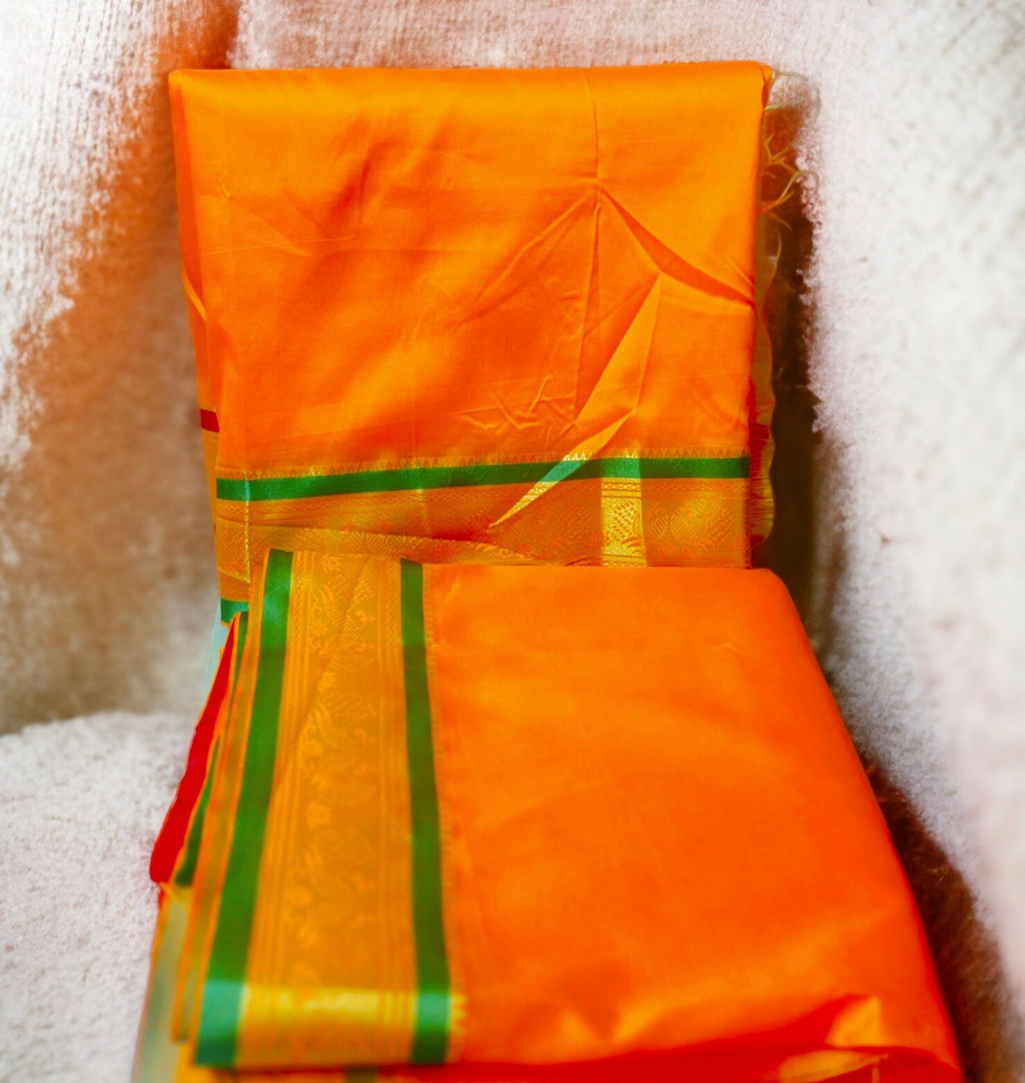 Orange Silk Red Green Golden Zari Border Dhoti Towel Set For Men 3.5 metres length of dhoti 2 meters length of towel South Indian Tamil
