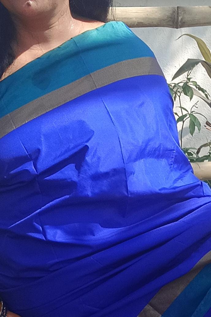 Blue Green Silk Saree With Unstitched Green Silk Blouse Golden Work Border Saree For Wedding Gift for her Indian Saree Peacock Color Saree