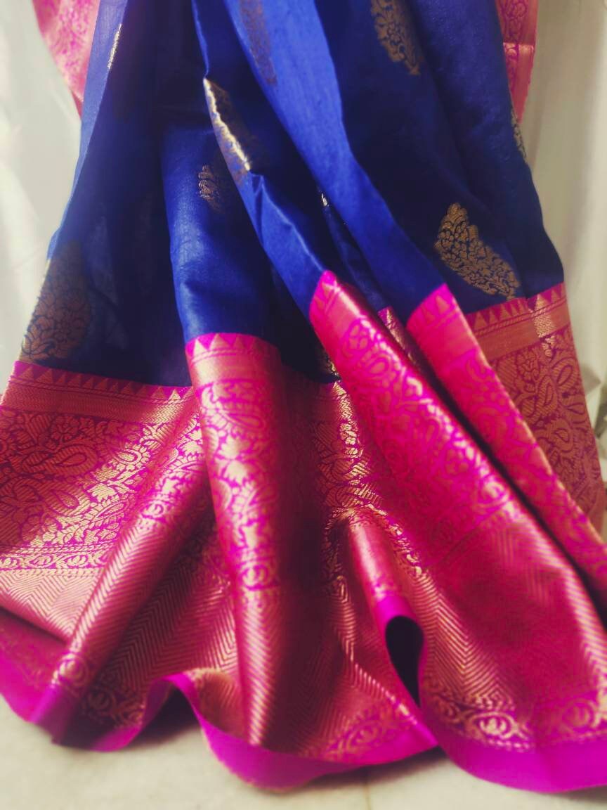 Blue Magenta Paper Silk Saree With Unstitched ( customised ) Banarsi Blouse Zari Work Thread Work Perfect For Wedding Party Gift for Her