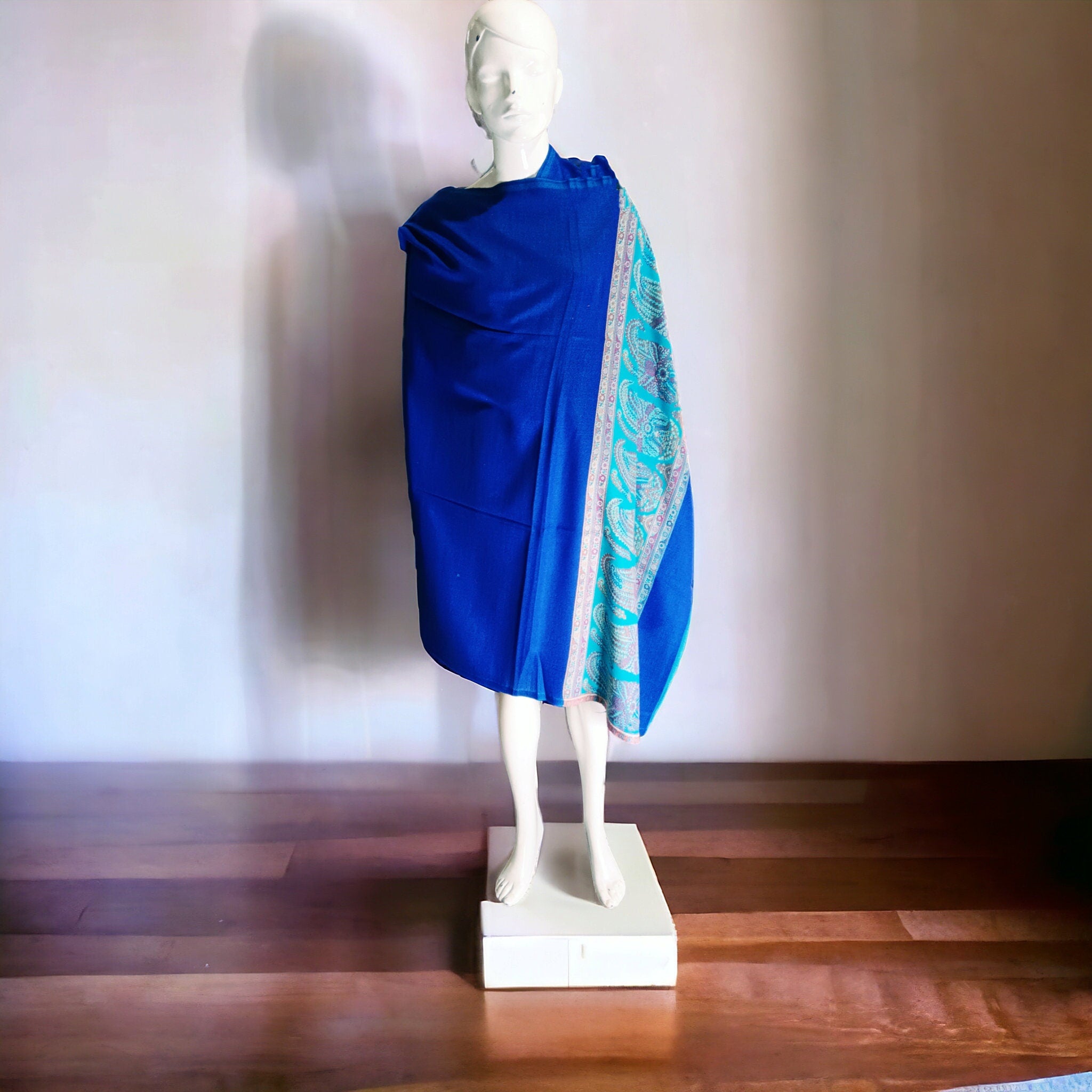 Blue Embroidered 100 % Cashmere Pashmina Handwoven Shawl Scarf Luxurious Soft Touch Vintage Winter Outfit Lightweight Designer Neck Warmer