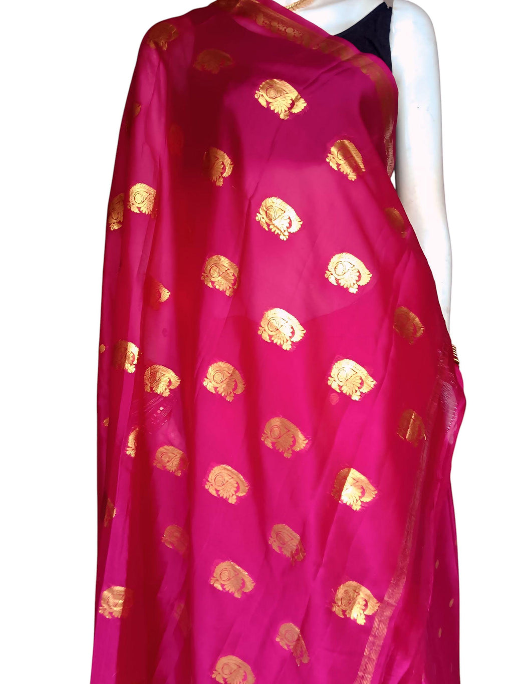 Majenta Pink Golden 100% Pure Crepe Silk With Majenta Crepe Silk Unstitched Blouse  Golden Embroidered Border Lightweight Bollywood Soft