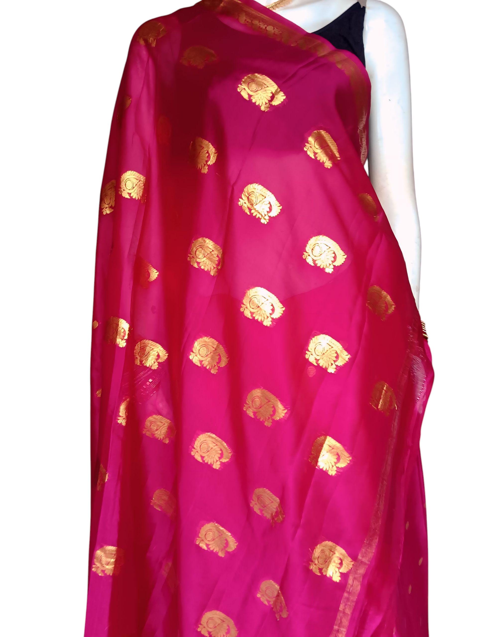 Majenta Pink Golden 100% Pure Crepe Silk With Majenta Crepe Silk Unstitched Blouse  Golden Embroidered Border Lightweight Bollywood Soft