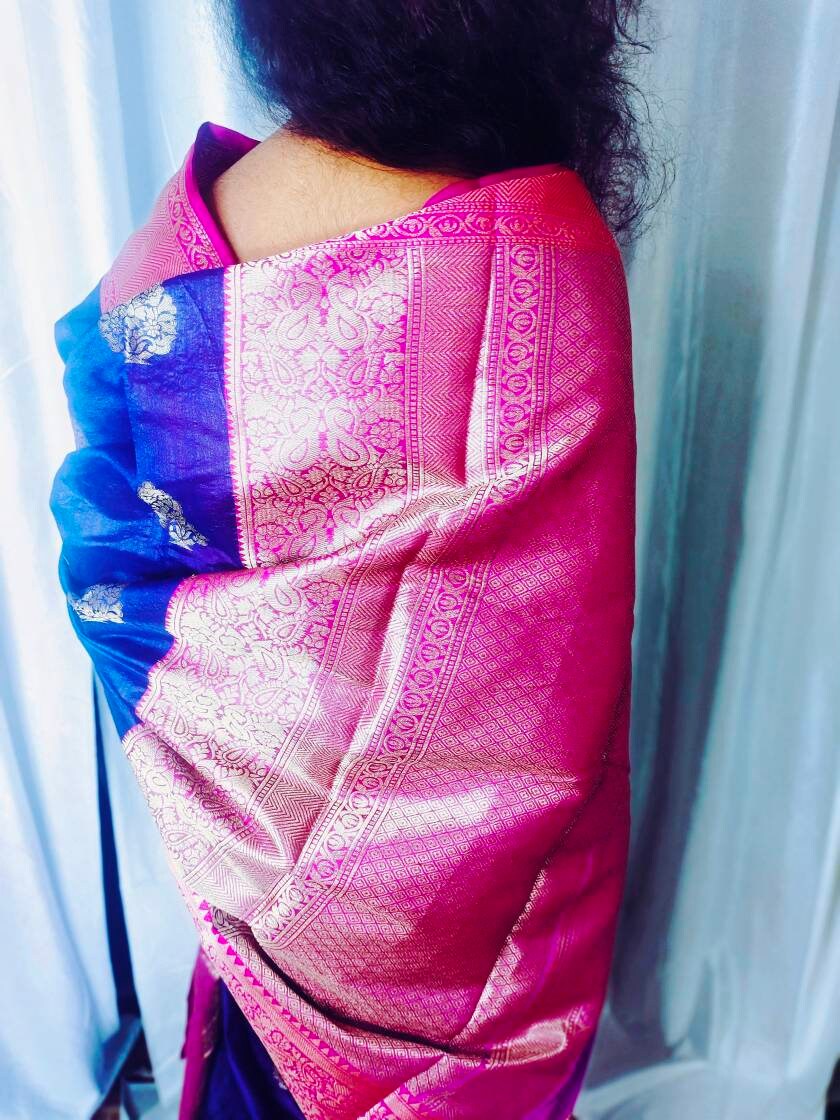 Blue Magenta Paper Silk Saree With Unstitched ( customised ) Banarsi Blouse Zari Work Thread Work Perfect For Wedding Party Gift for Her
