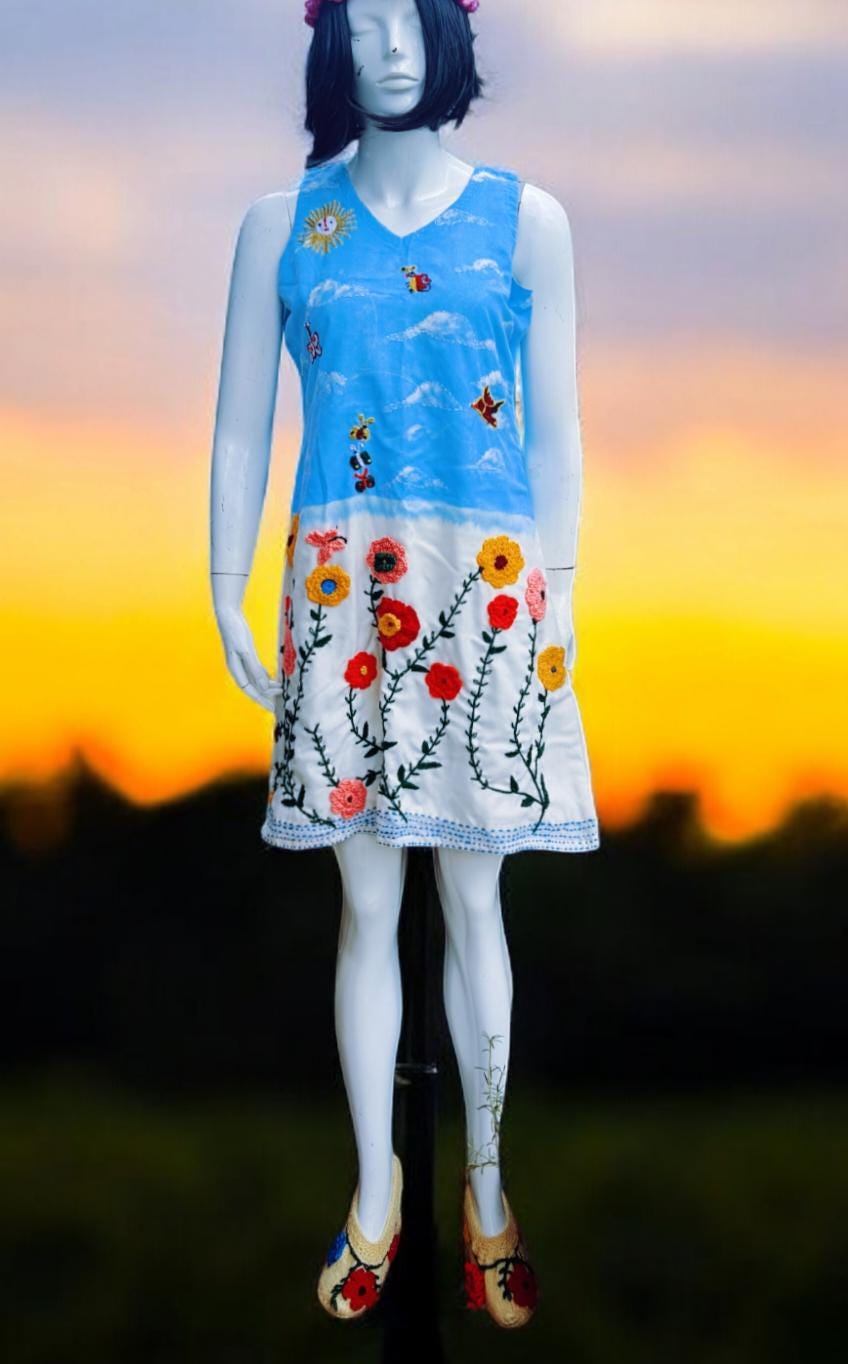 Pure White Sky Blue Pashmina Dress Handmade Pure wool floral embroidery Vintage One and Only Pure Pashmina Woollen Dress Colourful Garden