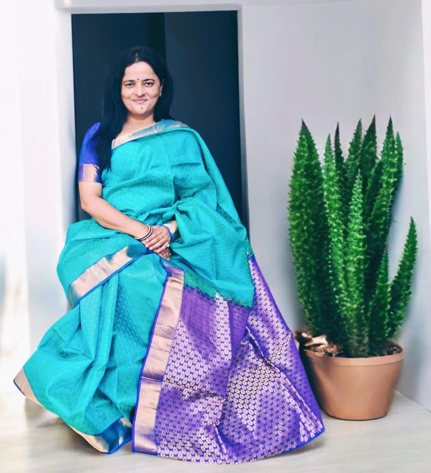 100% Pure Silk Blue Green Banarasi Saree Golden Brocade Pattern With Unstitched Blue Pure Silk Blouse Bollywood Saree Wedding Saree Pujawear