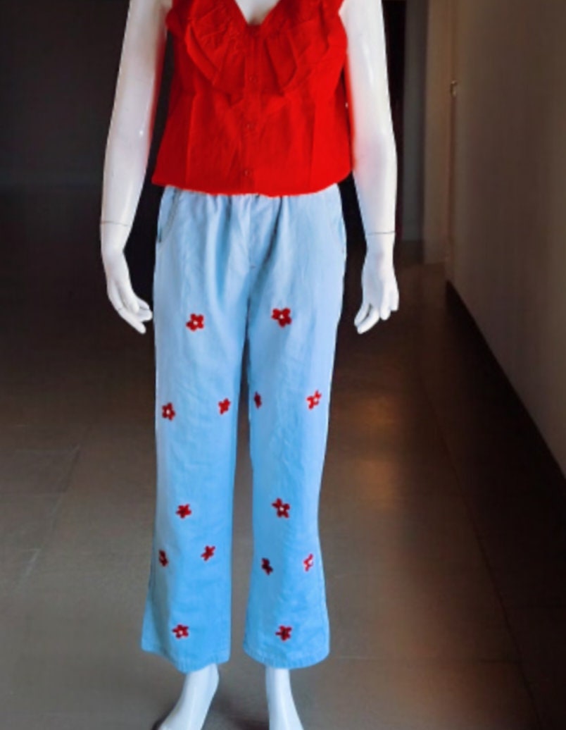 100 % Cotton Floral Handmade Modest Light Blue Jeans Jogger Comfy Bottom Embroidered Red Floral Pant Flower Design Colourful Elastic Stretch