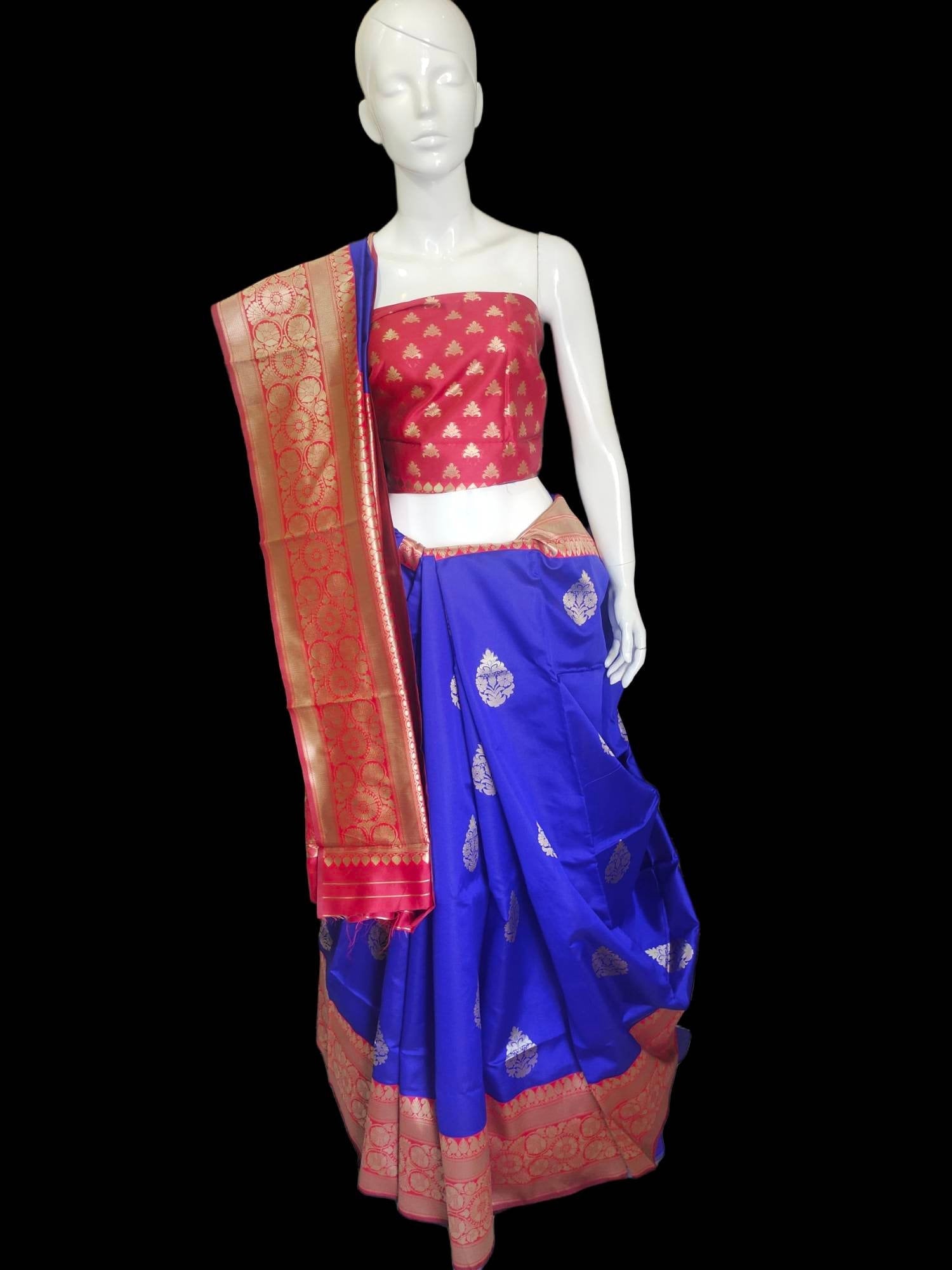 Blue and red banarasi silk saree with zari work with red unstiched blouse with cotton stitched peticoat Bollywood Indian Ethnic Festive Puja