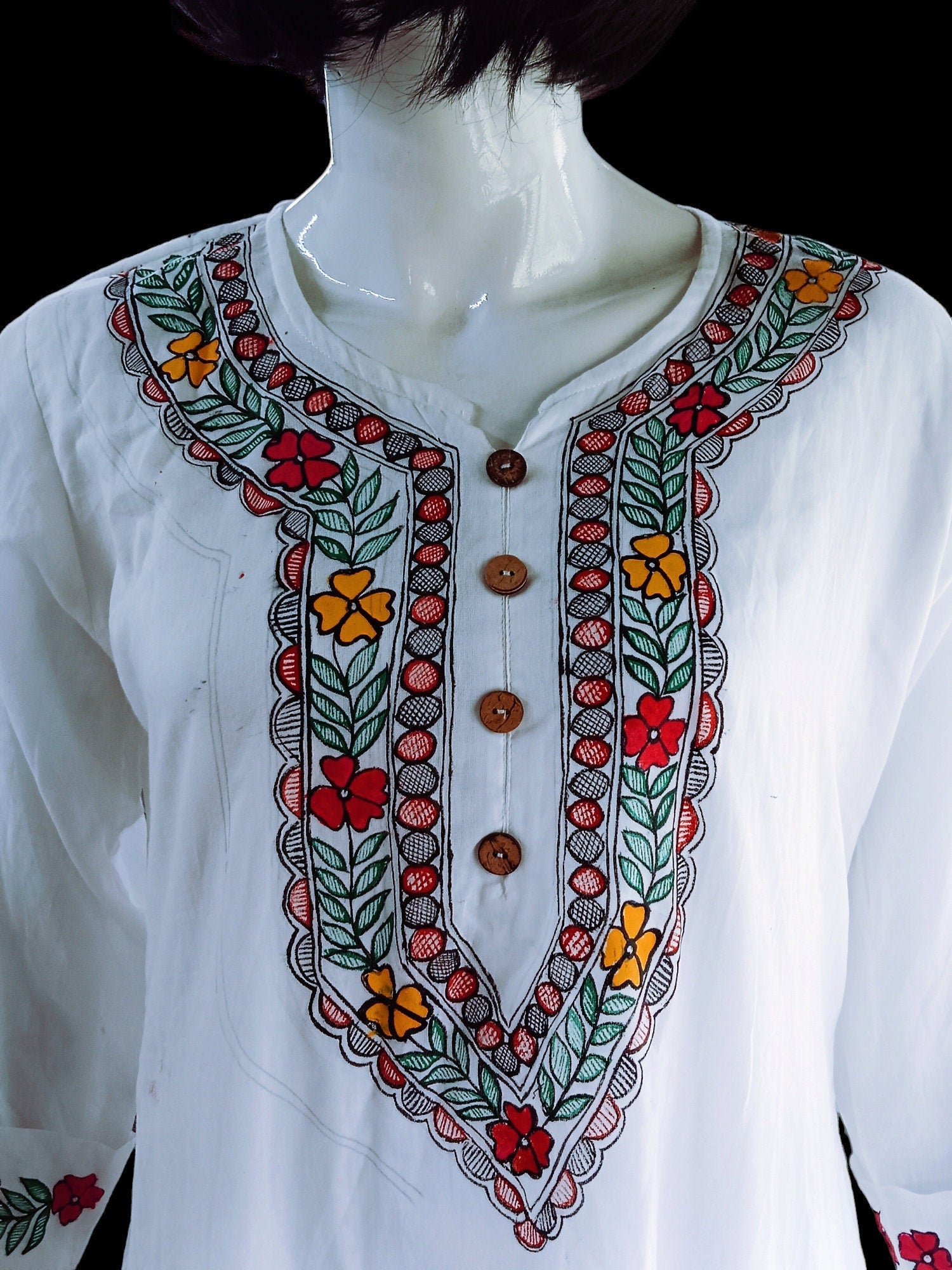 Mulmul Cotton White Madhubani Hand Painted Women Kurta/Dress Floral Pattern Indian Wear Ethnic Wear Easy to Wear Soft Fabric Colourful