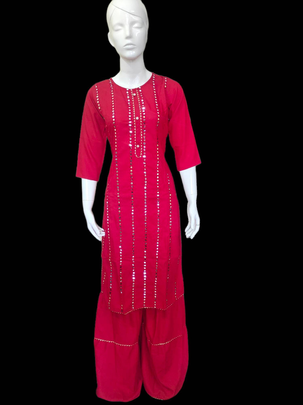 Red Cotton Rayon Mirror work Salwar Kameez Sharara Suit lace work Chiffon Dupatta Bollywood Festival Durga Puja Ethnic Pakistani  Bohemian