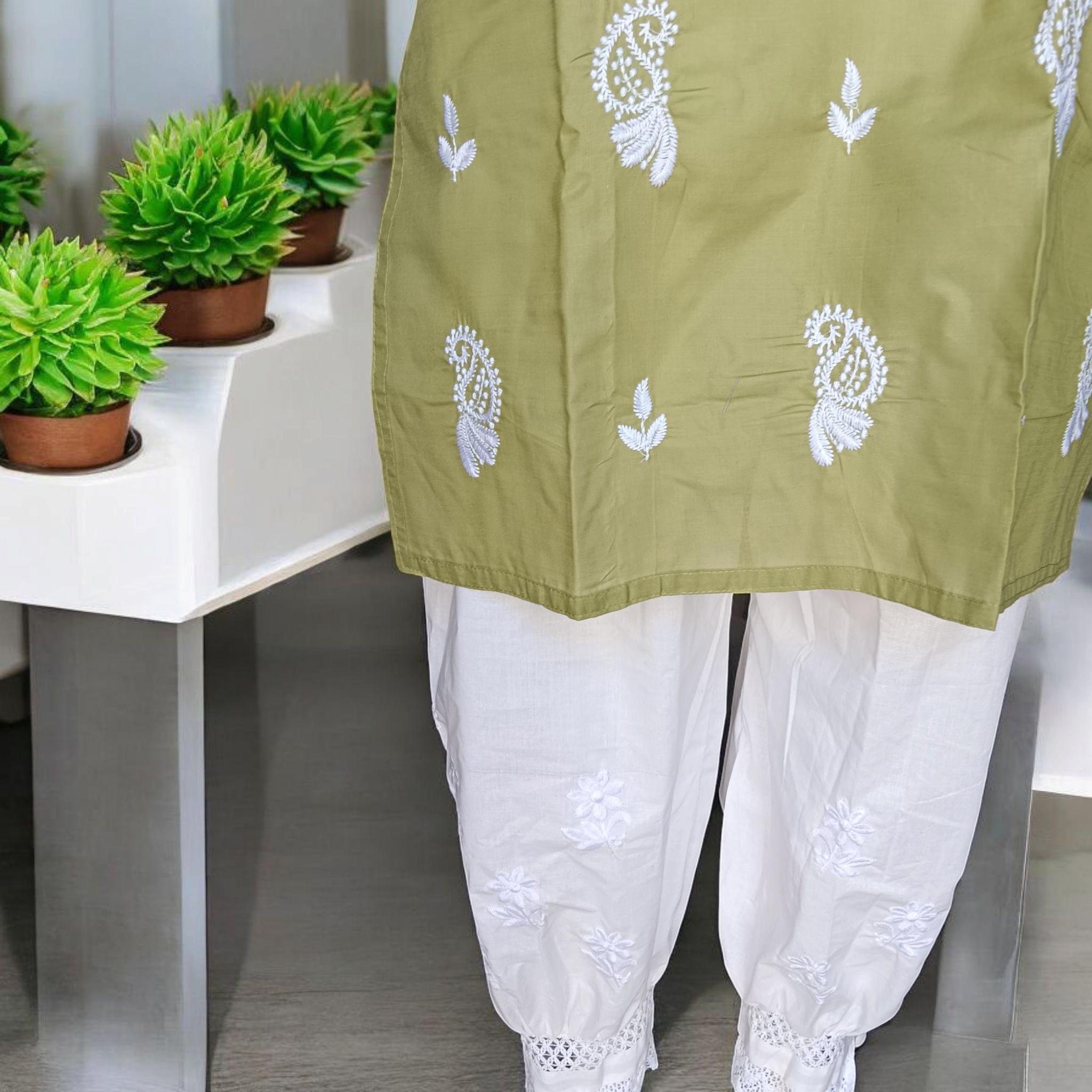 Set of 2 piece Cotton Green White Chikankari Embroidered Kurta with White Cotton Embroidered With Lace Work Tapered Leg Salwar Elastic