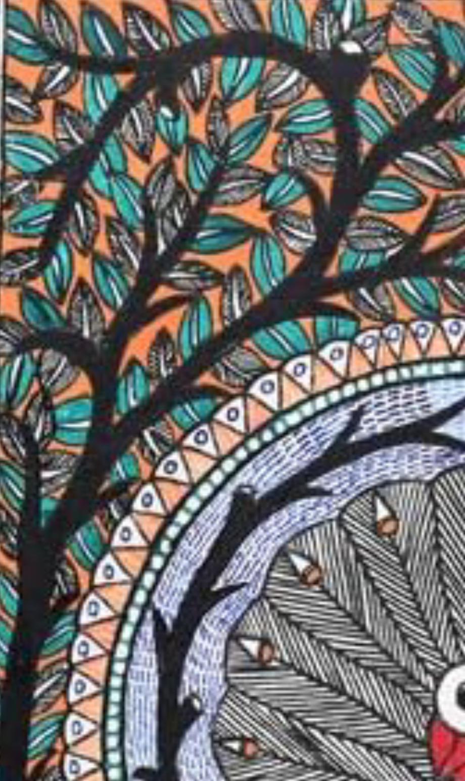 Mithila Madhubani Handpainted Wall Painting Wall Decor Featuring Peacock Floral Design With Black Wooden Frame Canvas Paintaing Rare To Find