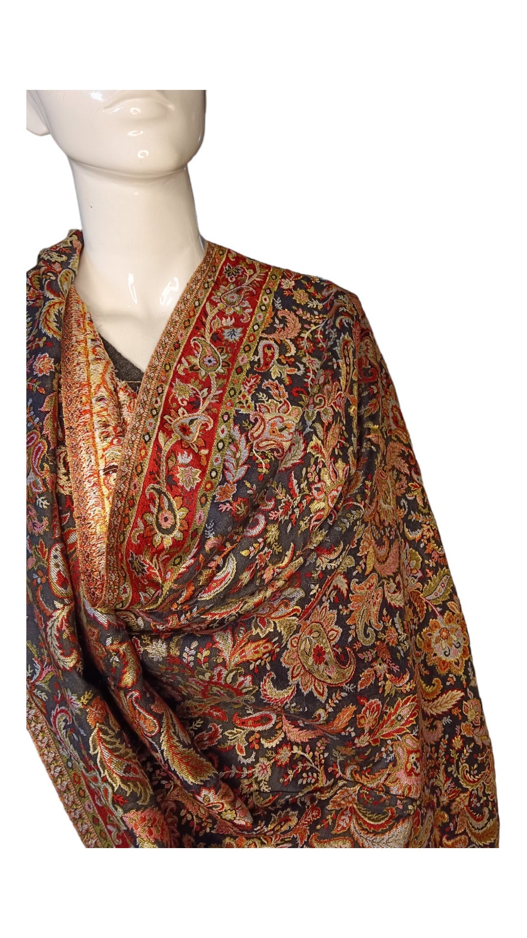 Black Embroidered Pashmina Cashmere Shawl Kani Weave Luxurious Shawl Bohemian Vintage Kashmiri Winter Outfit Lightweight Soft Touch