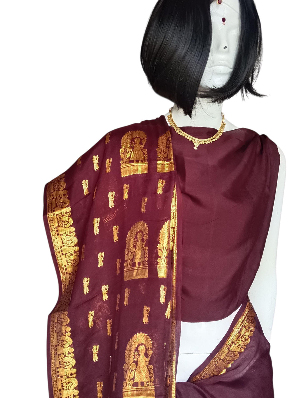 Brown Golden 100% Pure Crepe Silk With Brown Crepe Silk Unstitched Blouse  Golden Embroidered Border Lightweight Bollywood Soft Brown Saree