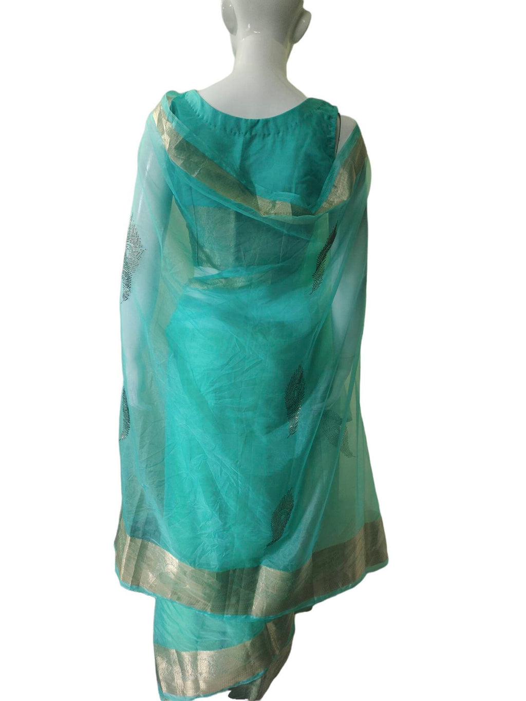 Sea green organza saree banarasi golden border golden sequence work satin blouse satin petticoat Bollywood festival designer Ethnic