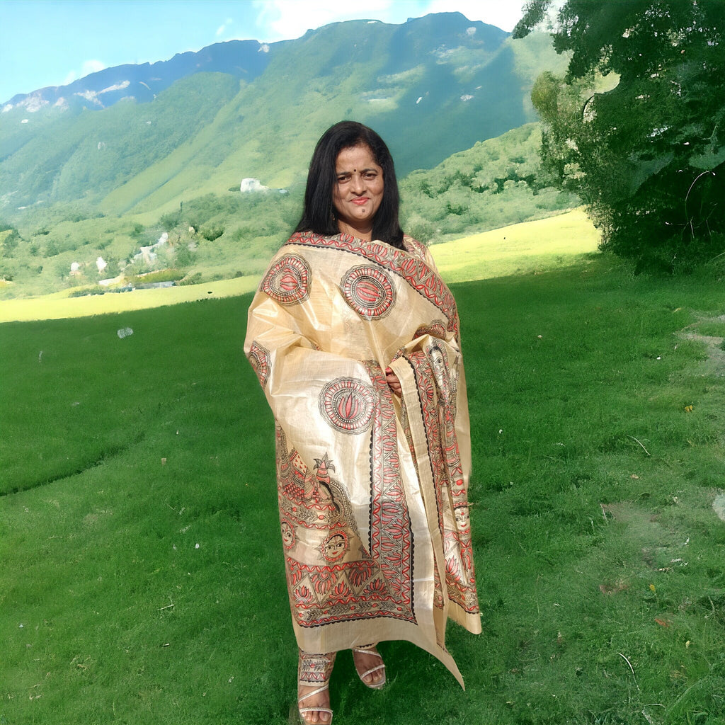 Set of 3 Beige Hand-Painted Ionic Shree Ram Sita Swayamvar Lotus Sun Design Kurta Pand Dupatta Madhubani Art Indian Attire Mithila Paint