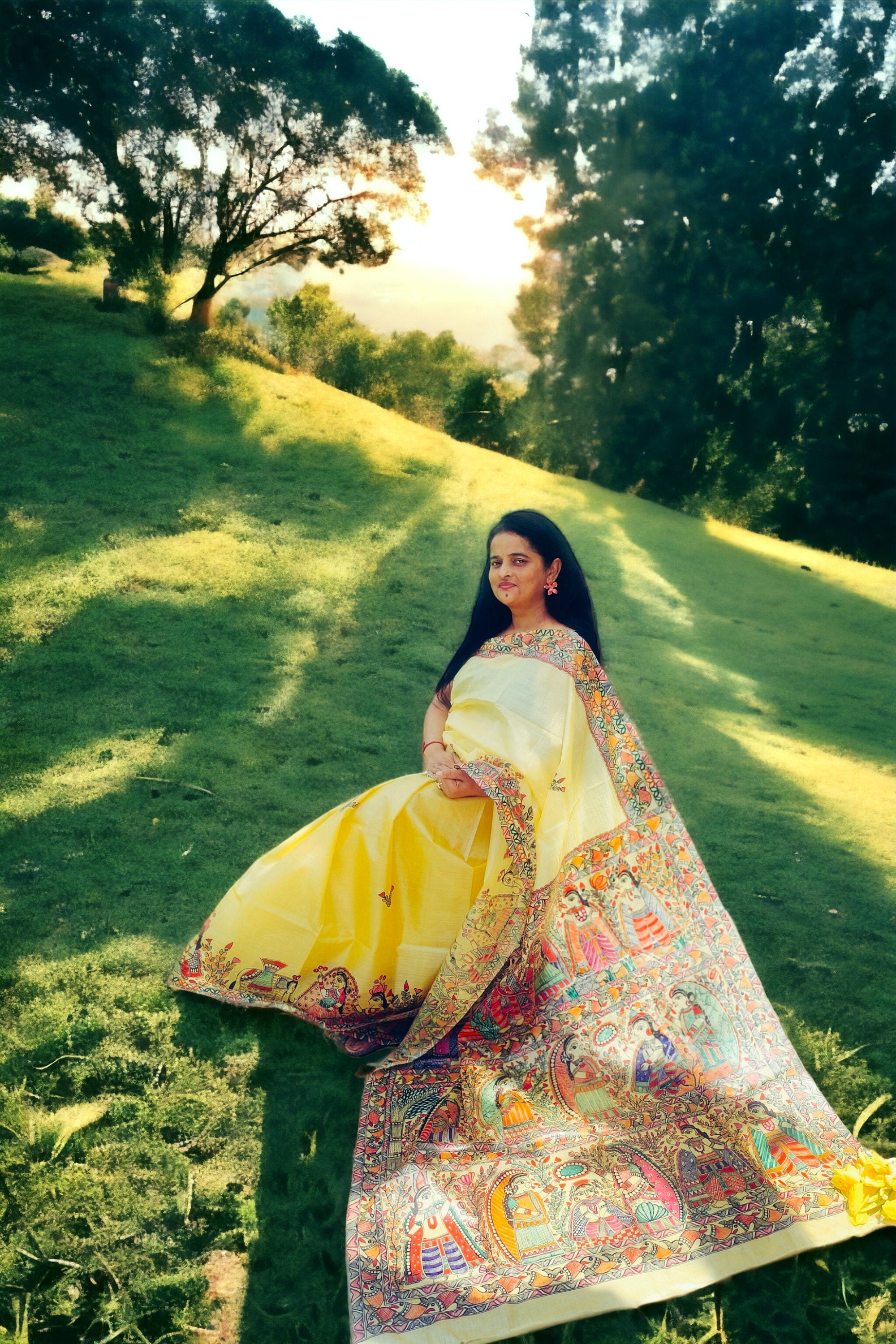 Yellow Handwork Madhubani Painted Silk Saree With Unstiched Blouse Piece Bihari Saree A Gift For Loved One Painted With Acrylic Paints