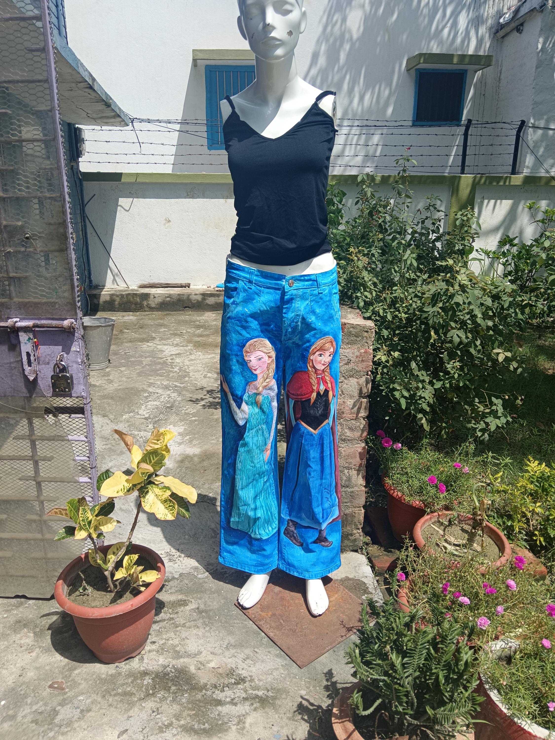 100% Pure White Denim Handpainted Fine Art Princesses Fairy tales Artistic Party wear Halloween Wear Birthday Wear Gift for them