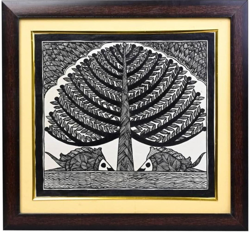 Mithila Madhubani Handpainted Black And White Wall Painting Wall Decor Featuring Nature Design Beige Brown Wooden Frame Canvas Paintaing