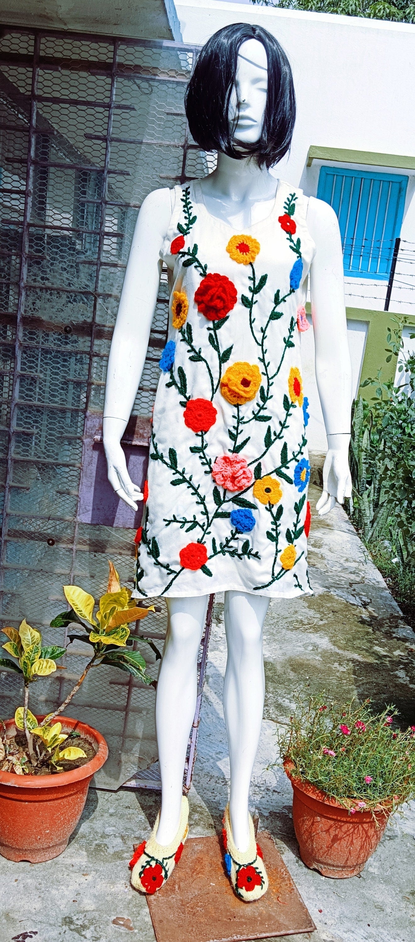Pure White Pashmina Dress With Handmade Pure wool floral embroidery Vintage One and Only Pure Pashmina Woollen Dress Colourful Garden