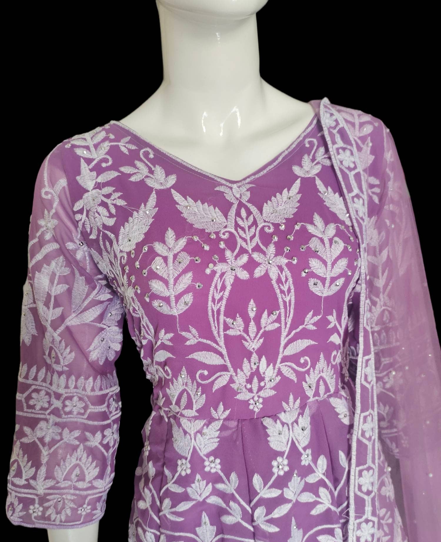 Lavender/Purple/Violet Pure Georgette Net Sharara Set White Silk Thread And Sequence Work Pearl Work With Net Lavender Dupatta Floral Design