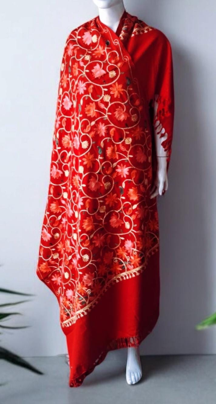 Red Embroidered Floral Design Cashmere Shawl/Scarf Luxurious Hand woven Soft Touch Lightweight Travel Blanket Vintage Winter Outfit