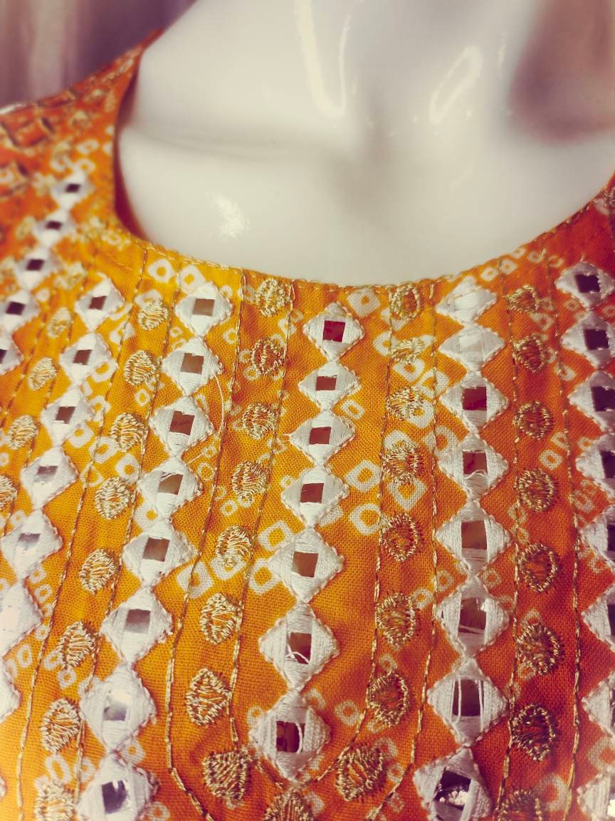 Yellow Orange Premium Printed Designer Anarkali Embroidered Woman Rayon Bandhej Kurta Pant And Beautiful Leheriya Dupatta Set