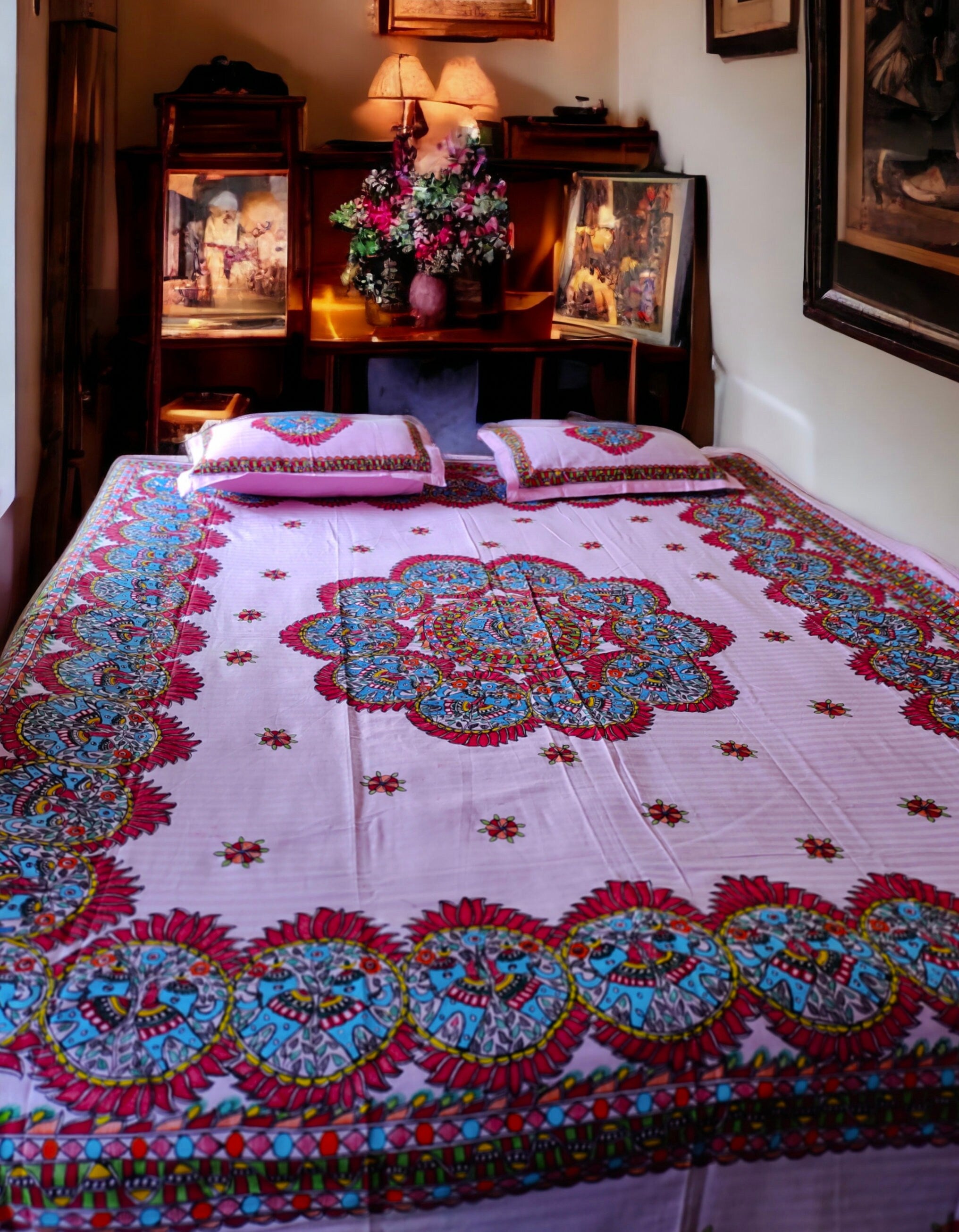 King Size Handmade Madhubani Painted Light Pink Cotton Bedsheet and 2 Pillow Covers Flower and Elephant Design Painted By Hands Vintage