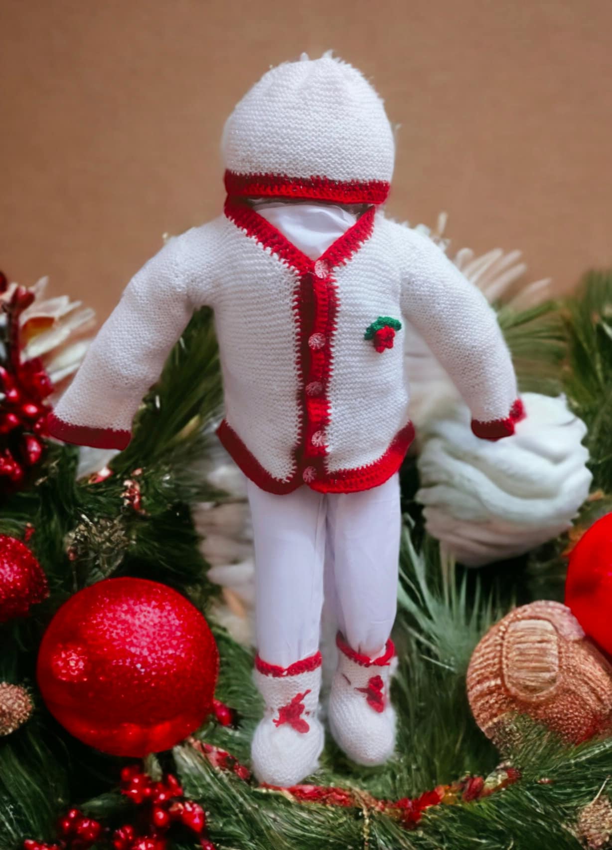 100 % Wool Handmade Red White Buttoned Sweater Beanie / Cap Socks For Boys And Girls Christmas Inspired Winter Outfit Comfortable Sweater