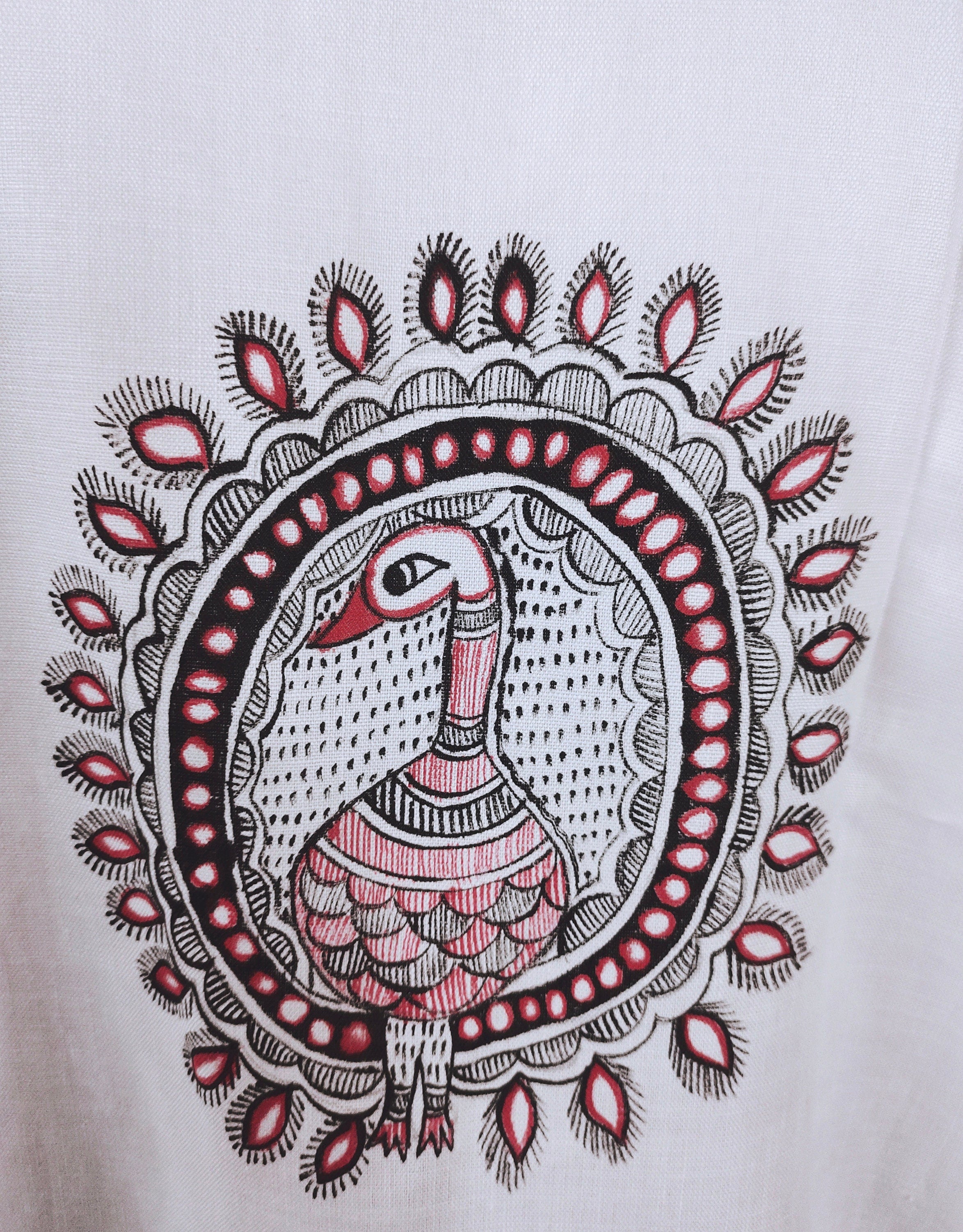 White Cotton Hand Painted Madhubani Art Kurta For Men Peacock Feature Art With Red Cotton Silk Pajama Madhubani Style Mithila Style Puja