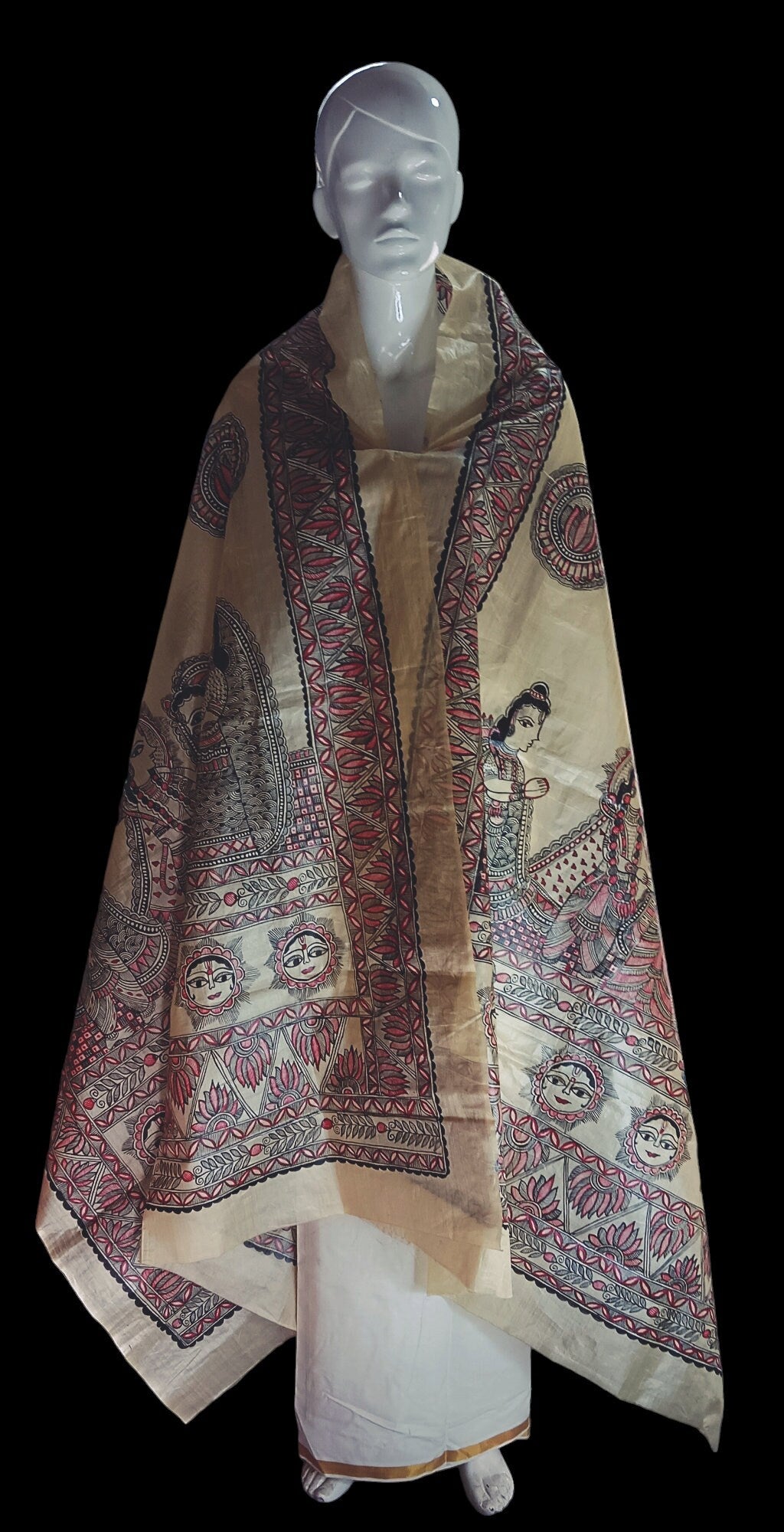 Beige 100% Silk Hand Painted Madhubani Art Featuring Ionic Shri Ram Sita Swayamvar And Sun Lotus Design Duppata Vintage Luxurious Designer